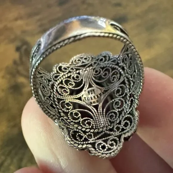 Vintage Sterling Silver Filigree Ring Size 8.5 DGS 925 Turkey Ruby Zoisite Cab
